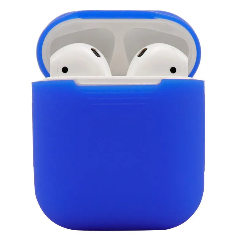 A beige silicone protective cover for wireless earbuds like AirPods, shown alongside black and blue colour options.