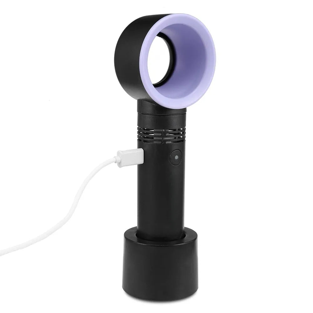A compact USB rechargeable bladeless portable fan in various colours on its base.