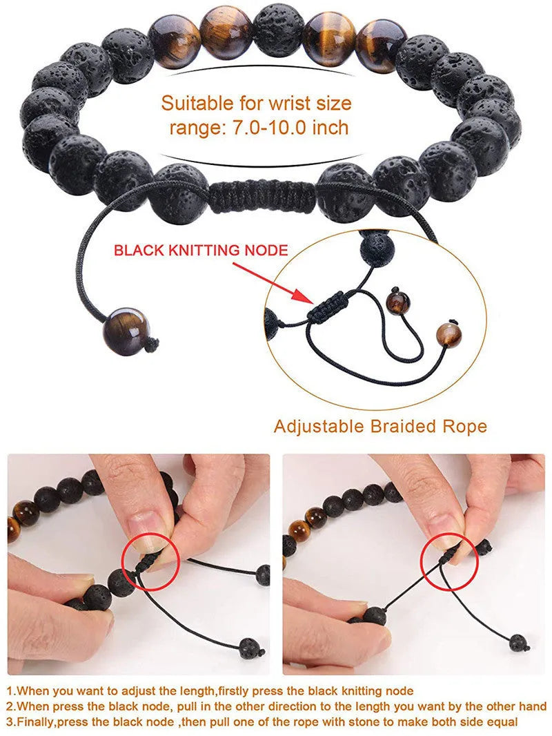 Matte black agate couple bracelets with geometric designs for him and her