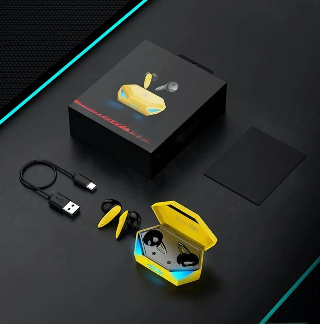 G20 Yellow TWS Bluetooth gaming headphones with charging compartment on a white background