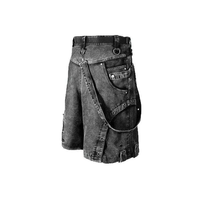 Retro high street loose fit high waist denim shorts in washed pearl canvas fabric