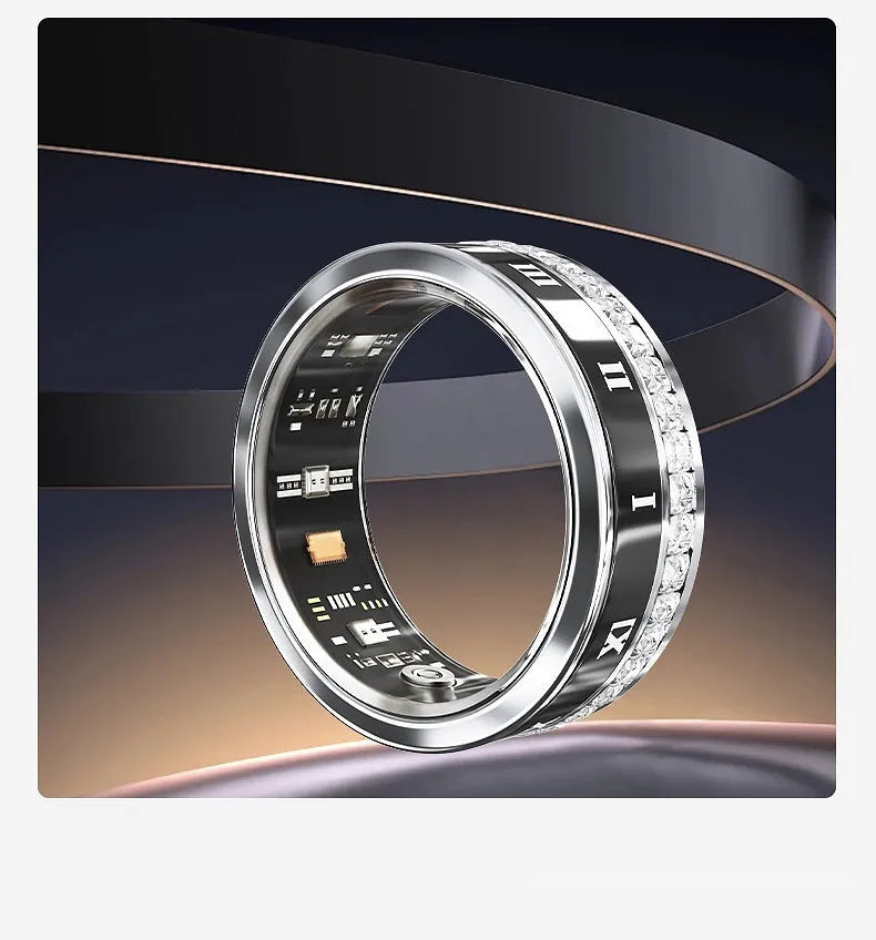 Diamond inlaid smart ring in silver and gold colours with blood oxygen monitoring technology