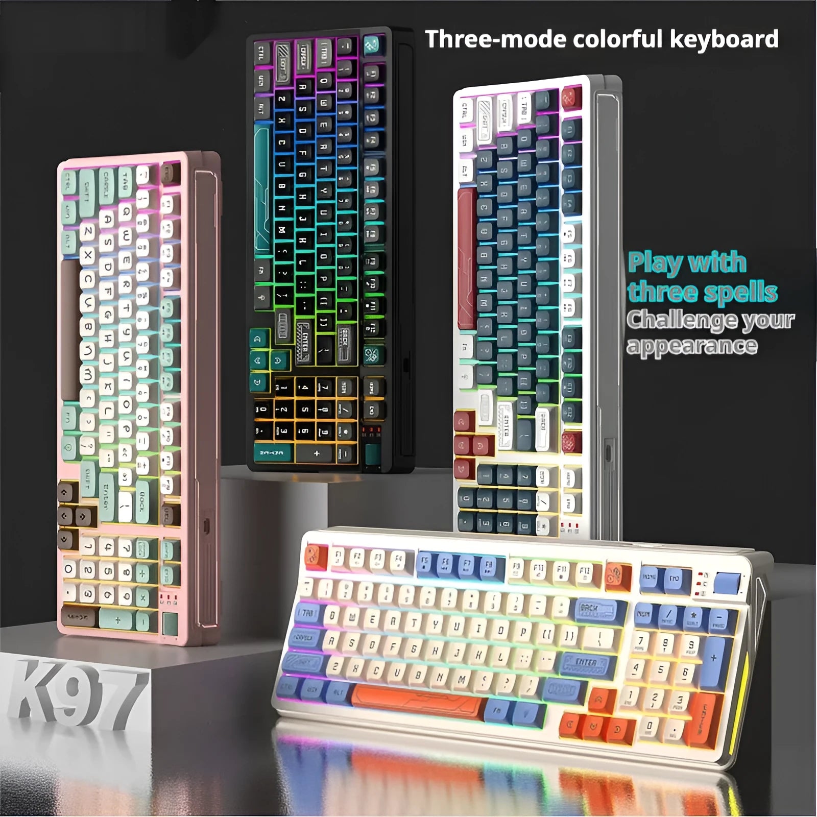 Plastic desktop keyboard with three colour luminous backlight showing black and green colour option