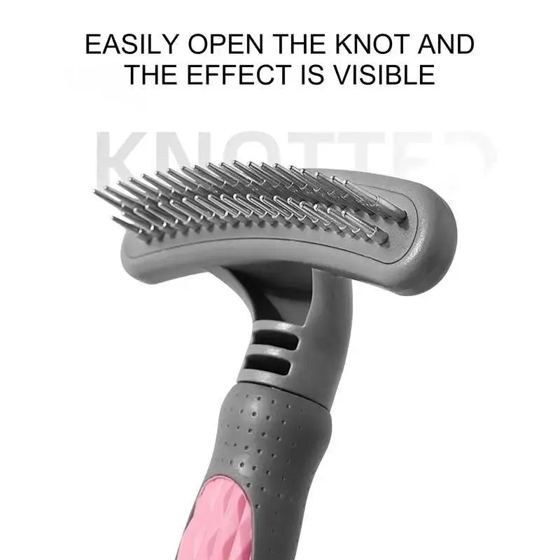 Pet grooming comb with anti-rust stainless steel teeth and ergonomic handle in pink