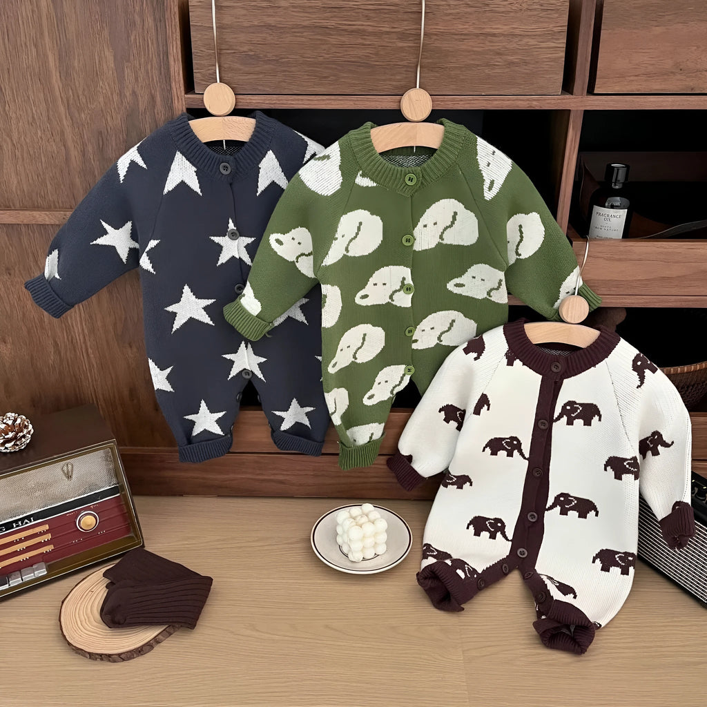 Baby casual cartoon embroidered knitted jumpsuit in dog head design, acrylic fibre, 66-100cm size options