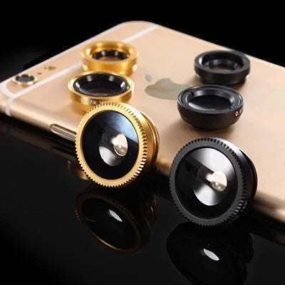 Mobile phone fisheye lens three-in-one kit with fisheye, wide-angle, and macro attachments in various colours