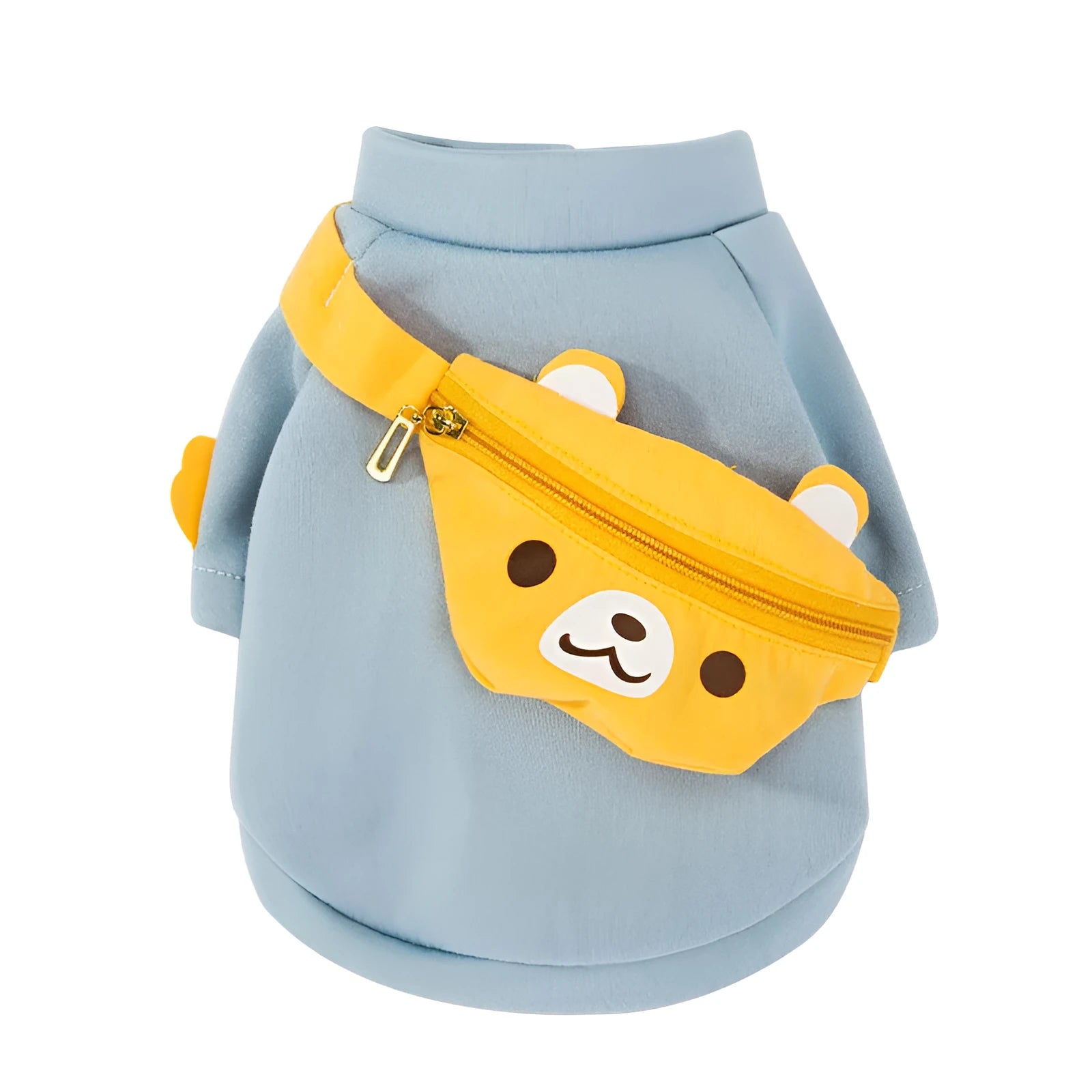 Blue cartoon backpack pet clothes milk silk sweater on small dog in side view