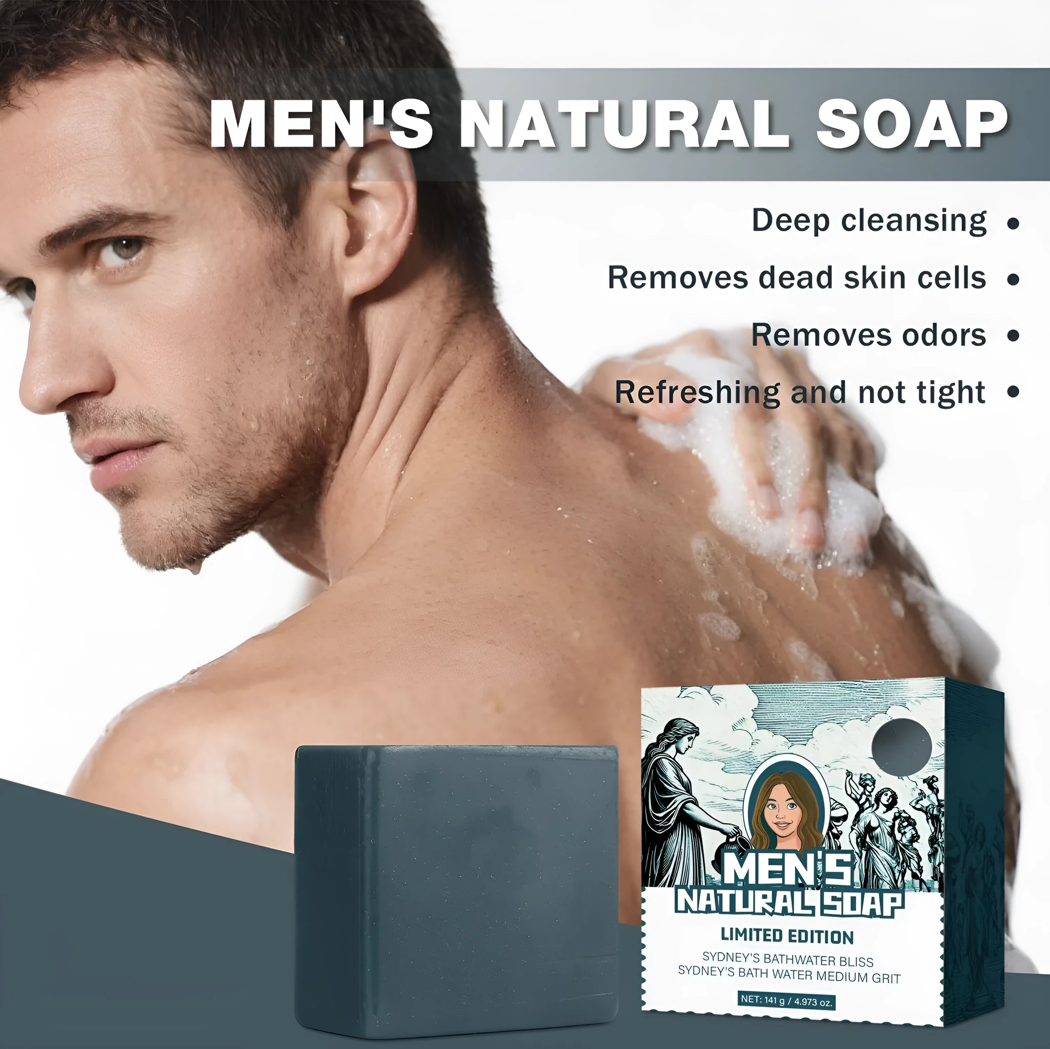 Men's natural soap bar 141g with lasting fragrance for face and body, 62.5x29x70 mm