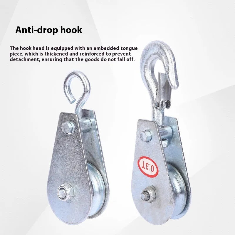 Red and galvanised A3 steel industrial lifting pulley with safety latch on hook.