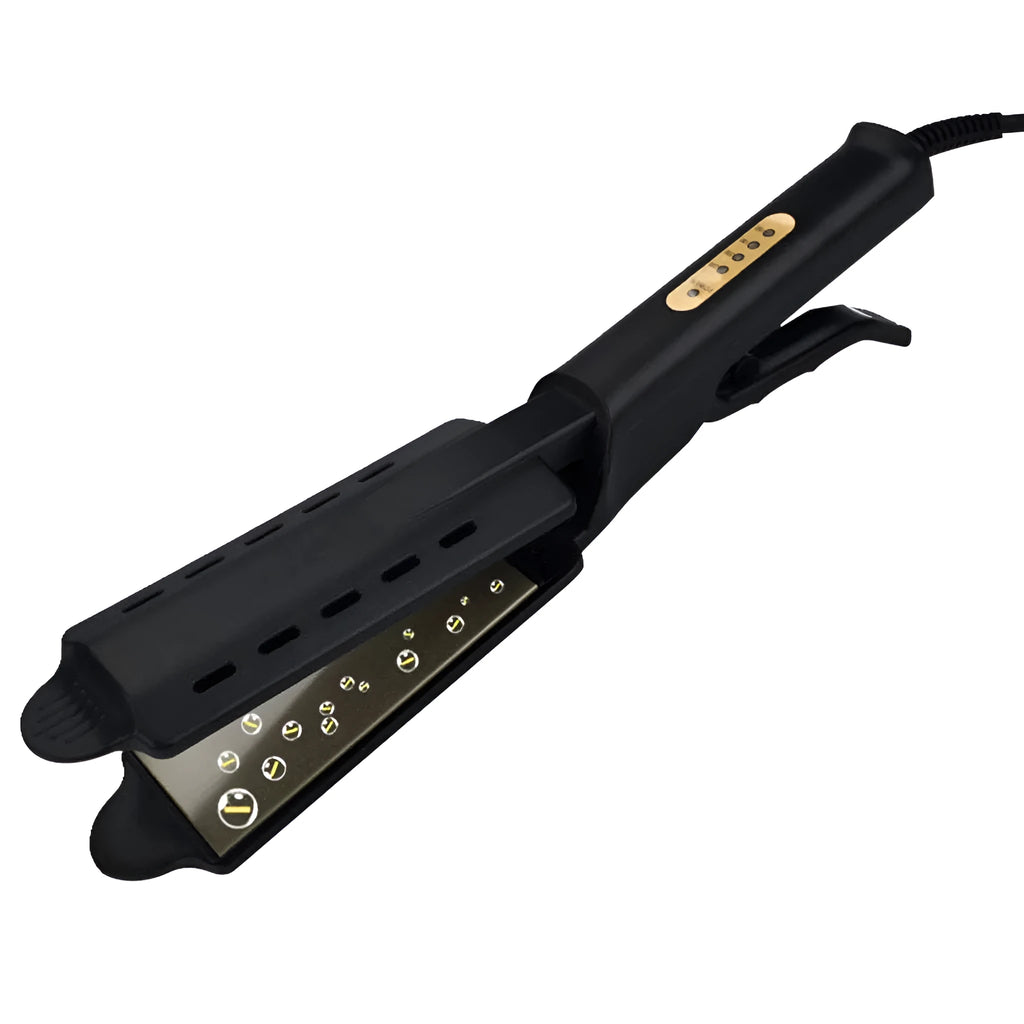 Black four-speed thermostat hair straightener with tourmaline ceramic plates, LCD control, and anti-scald groove