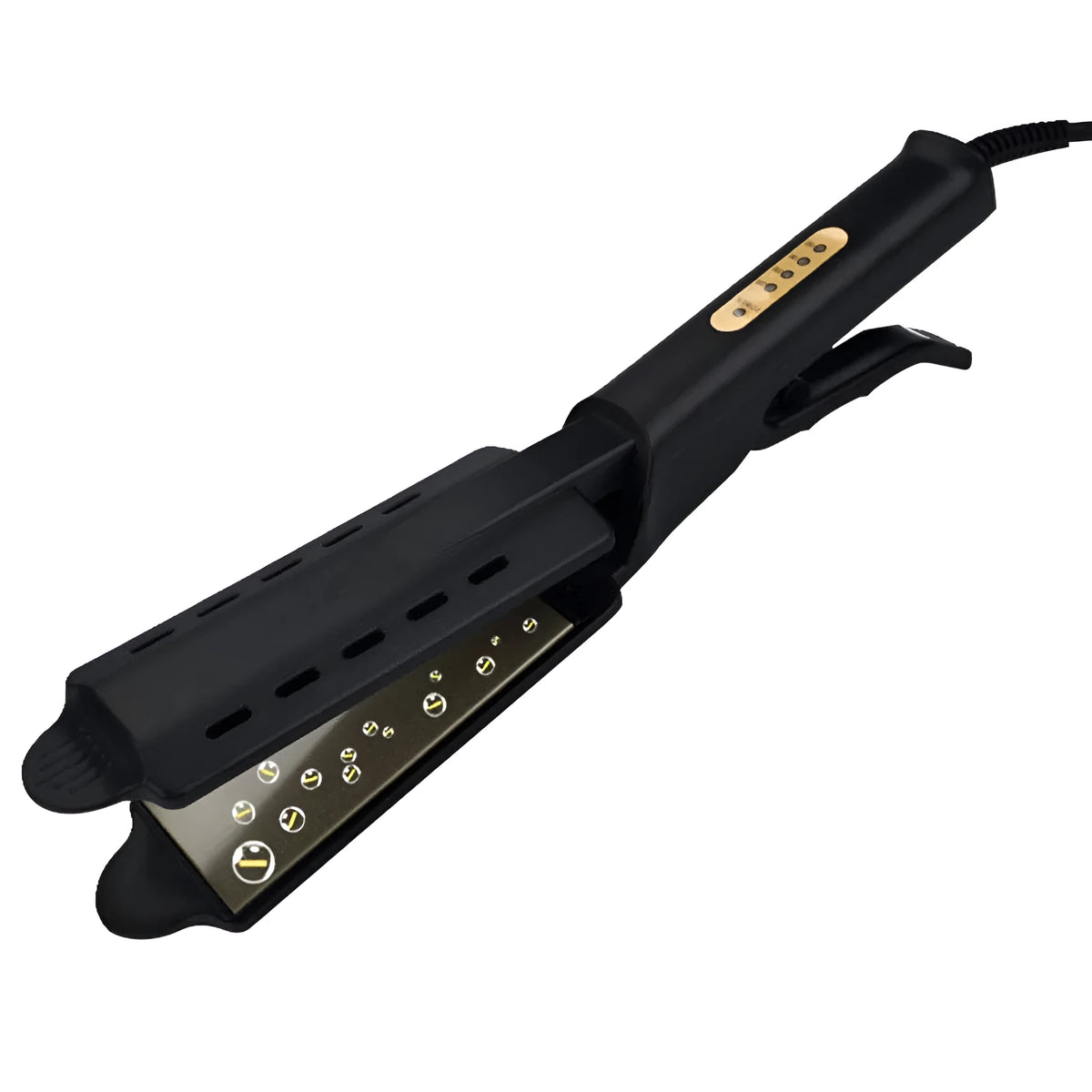 Black four-speed thermostat hair straightener with tourmaline ceramic plates, LCD control, and anti-scald groove