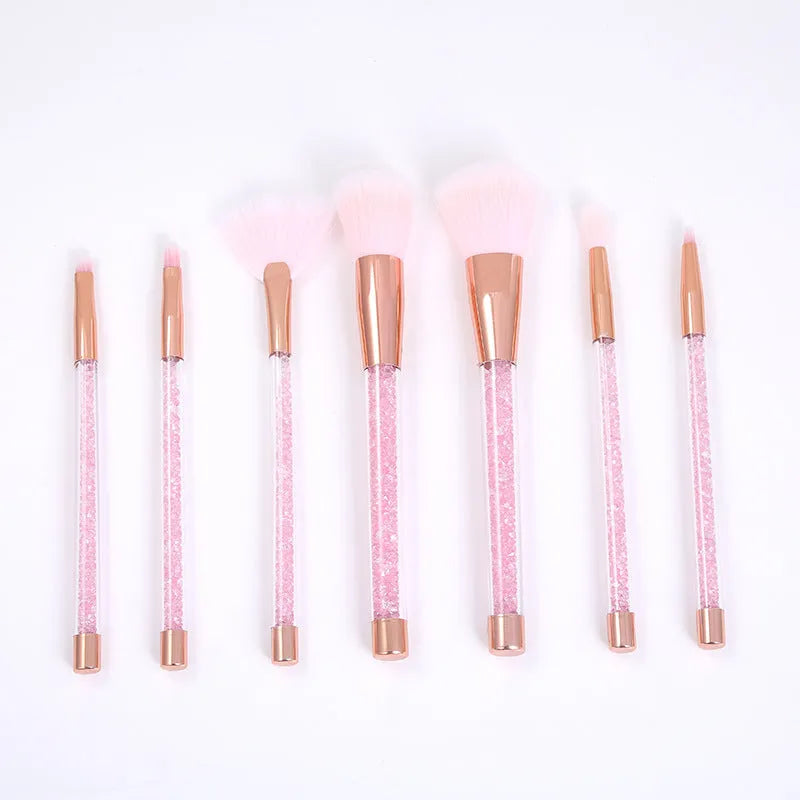 7-piece makeup brush set with rayon bristles, PU tip, long plastic handle, 20cm length, pink colour