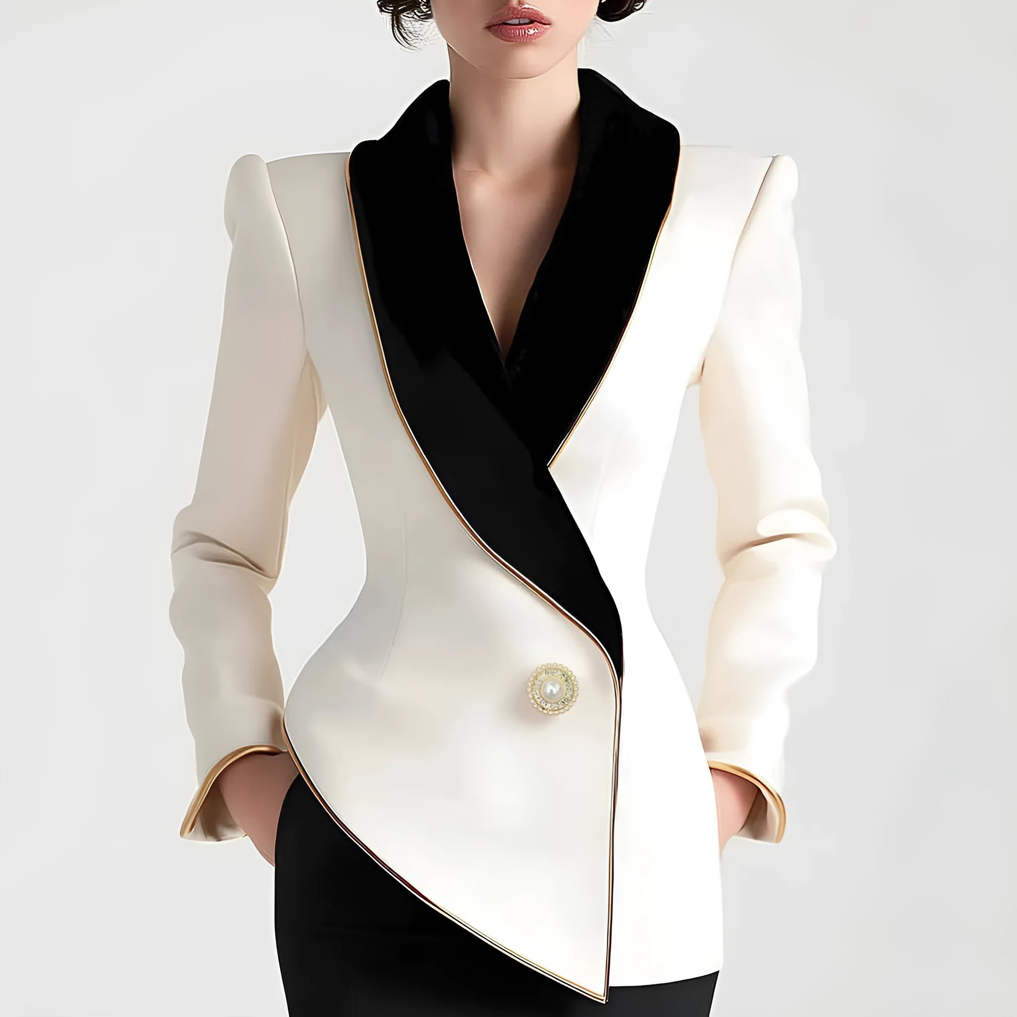 Women's milky white long sleeve coat with golden pearl buttons in irregular design