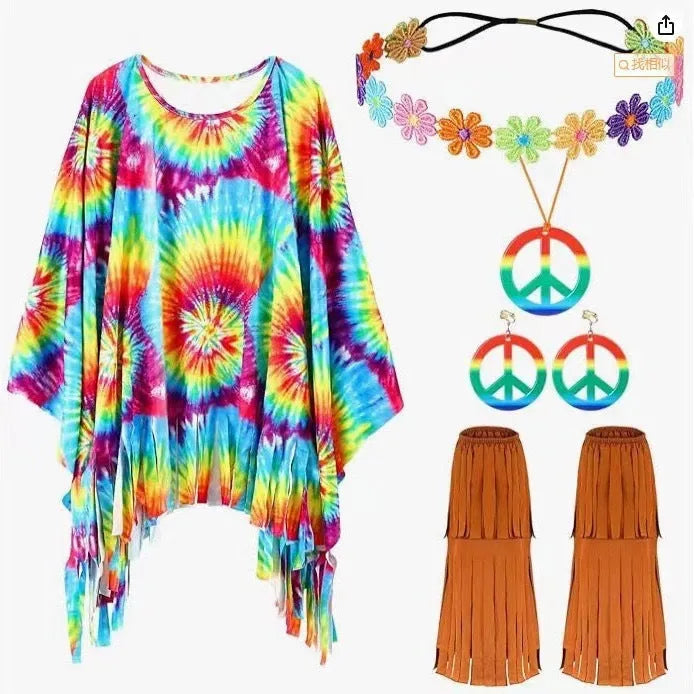 A person wearing a vibrant rainbow tie-dye cloak costume with flared bell sleeves, made from stretchy spandex fabric.