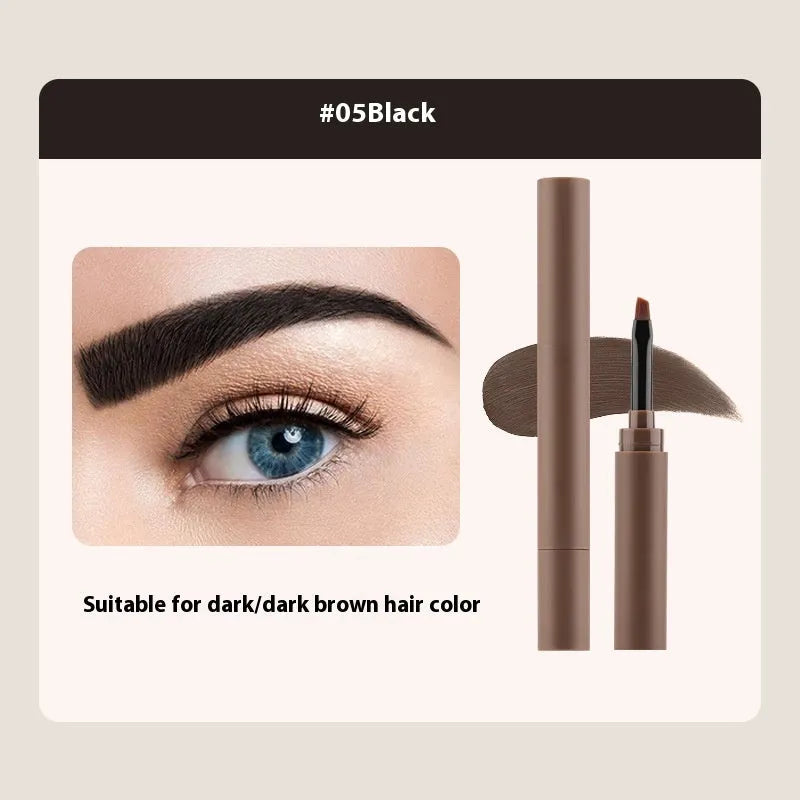 Double-headed eyebrow cream tube showing five shade options: reddish brown, brown, light brown, dark brown, and black.