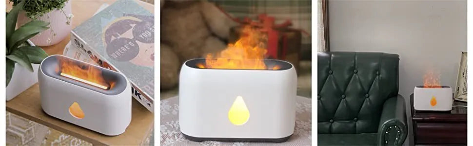Two-colour 3D flame aroma diffuser humidifier on desk with USB cable, black and white options
