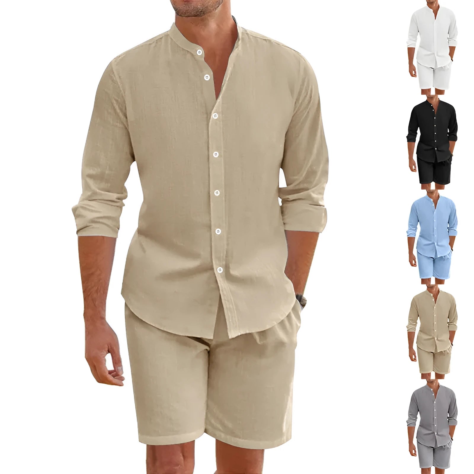 Men's dark grey linen-blend short sleeve button-down shirt and matching drawstring shorts on a beach