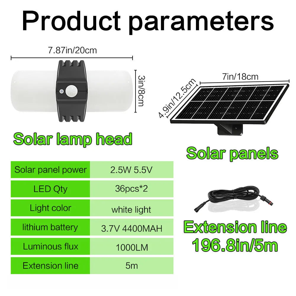 Black 8W solar outdoor floodlight with IP65 rating, three lighting modes, and motion sensor, 21.2cm x 18.4cm x 13.8cm
