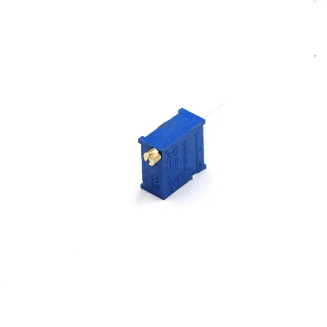 Blue multi turn precision potentiometer 20K 0.5W with glass glaze film on white background