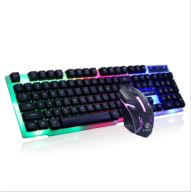 Limei GTX300 white backlit keyboard and mouse set on a desk.