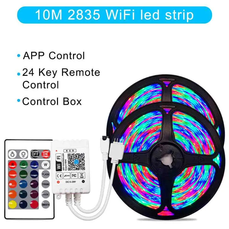 RGB LED light strip with 24-key WiFi controller, 2835 or 5050 LEDs, 5m to 20m lengths, non-waterproof