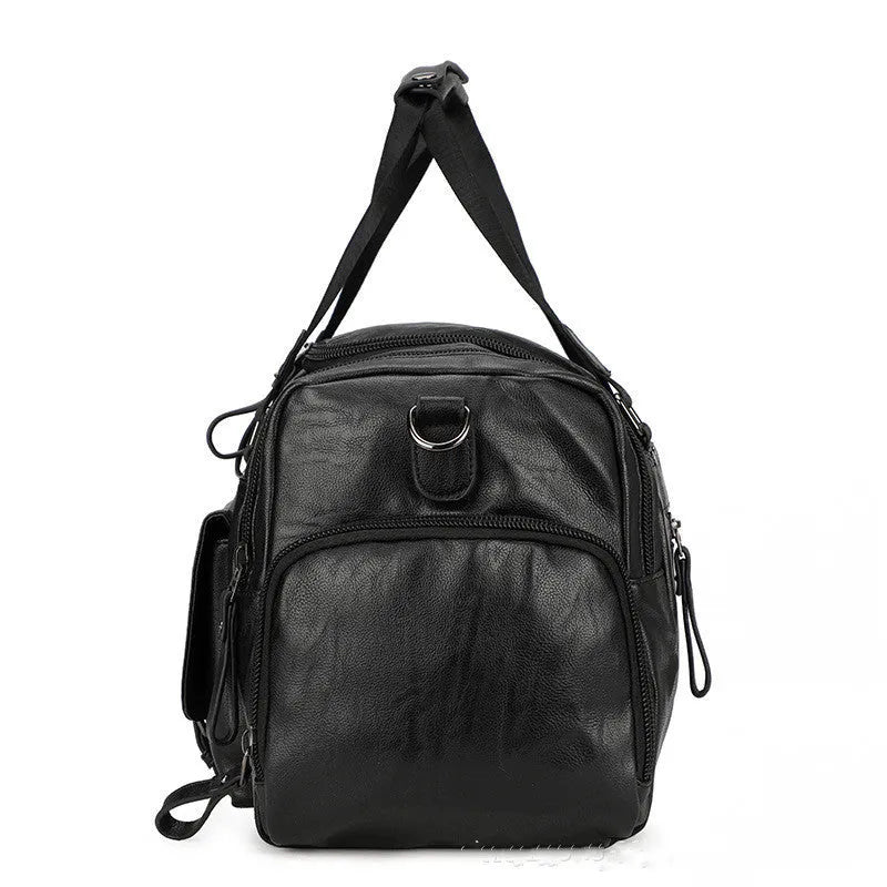 Large black travel bag with a separate shoe compartment, showing PU fabric exterior.