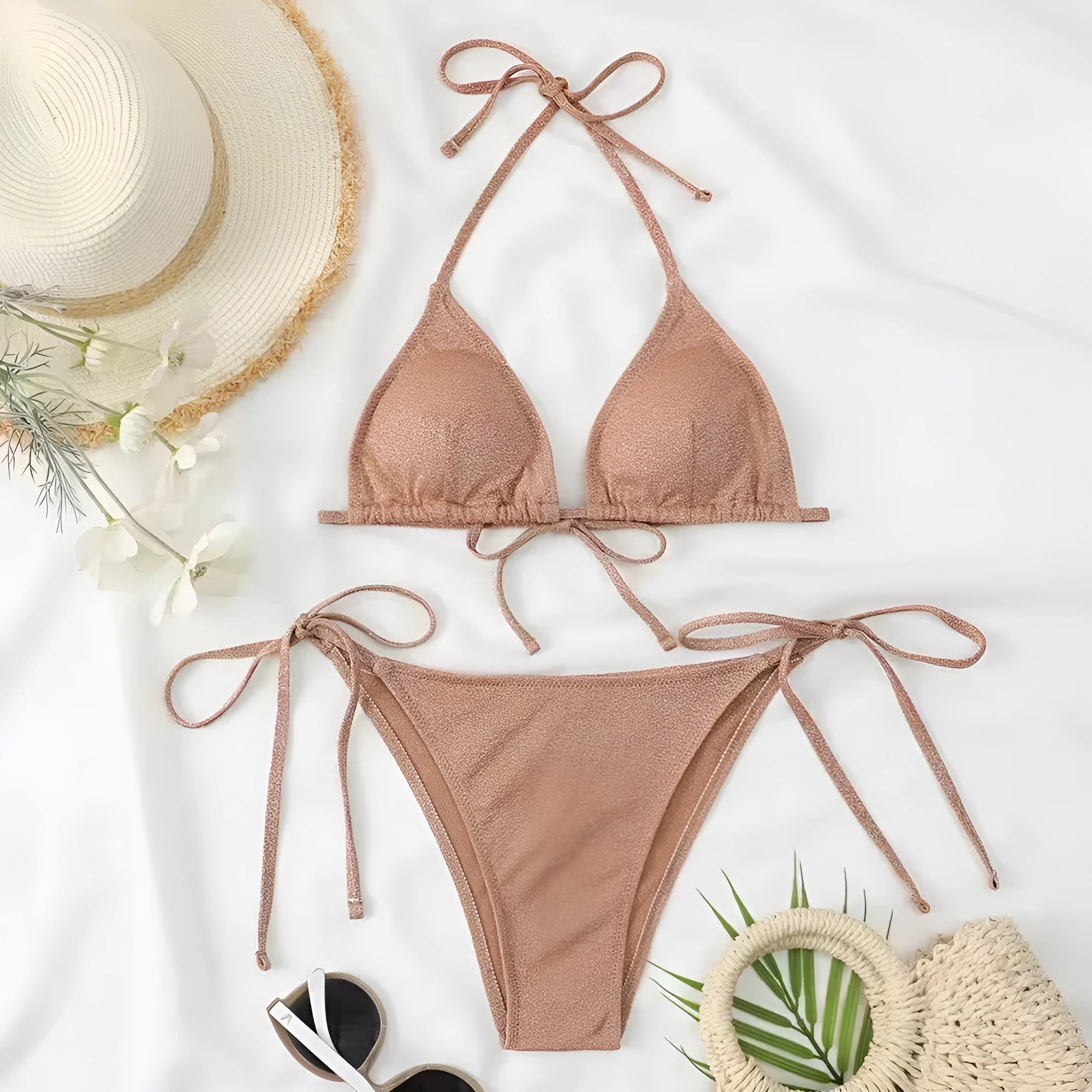 Women's two-piece bandage bikini swimsuit in polyester, shown in one of six colour options.
