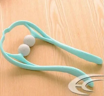 Blue plastic handheld neck and shoulder massager with adjustable stand and removable soft head on a white background.