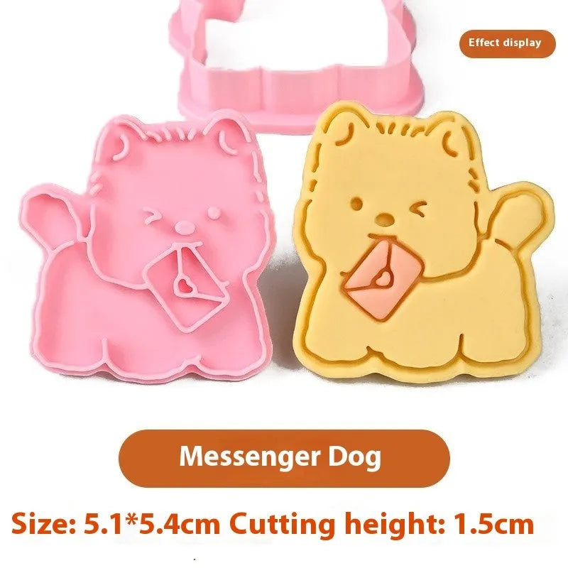 Three dimensional plastic puppy cartoon biscuit mould showing character designs