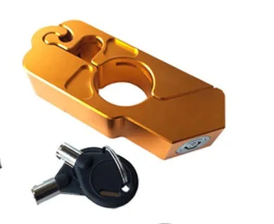 Black motorcycle handlebar lock with CNC aluminium body and stainless steel wire, shown attached to brake lever