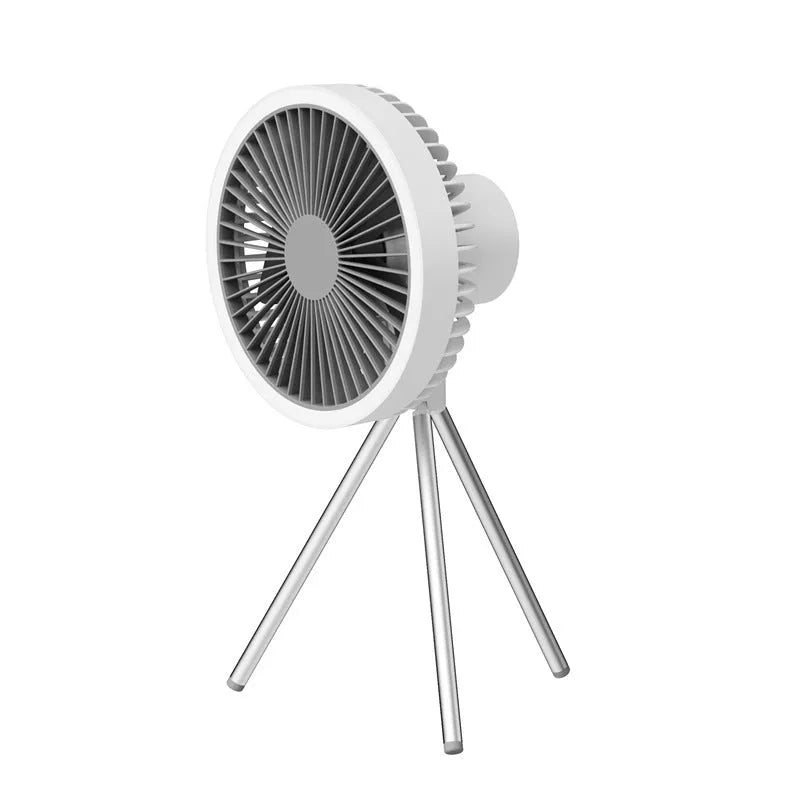 White USB rechargeable camping fan on aluminium tripod showing front view
