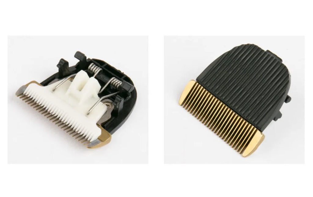 Dog shaver with titanium ceramic blade, rechargeable lithium battery, guide combs, and charger on a white background