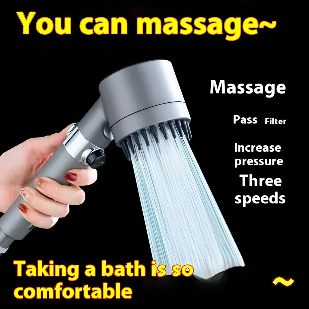 A portable ABS plastic shower head with a modern design, shown with three spray mode icons.