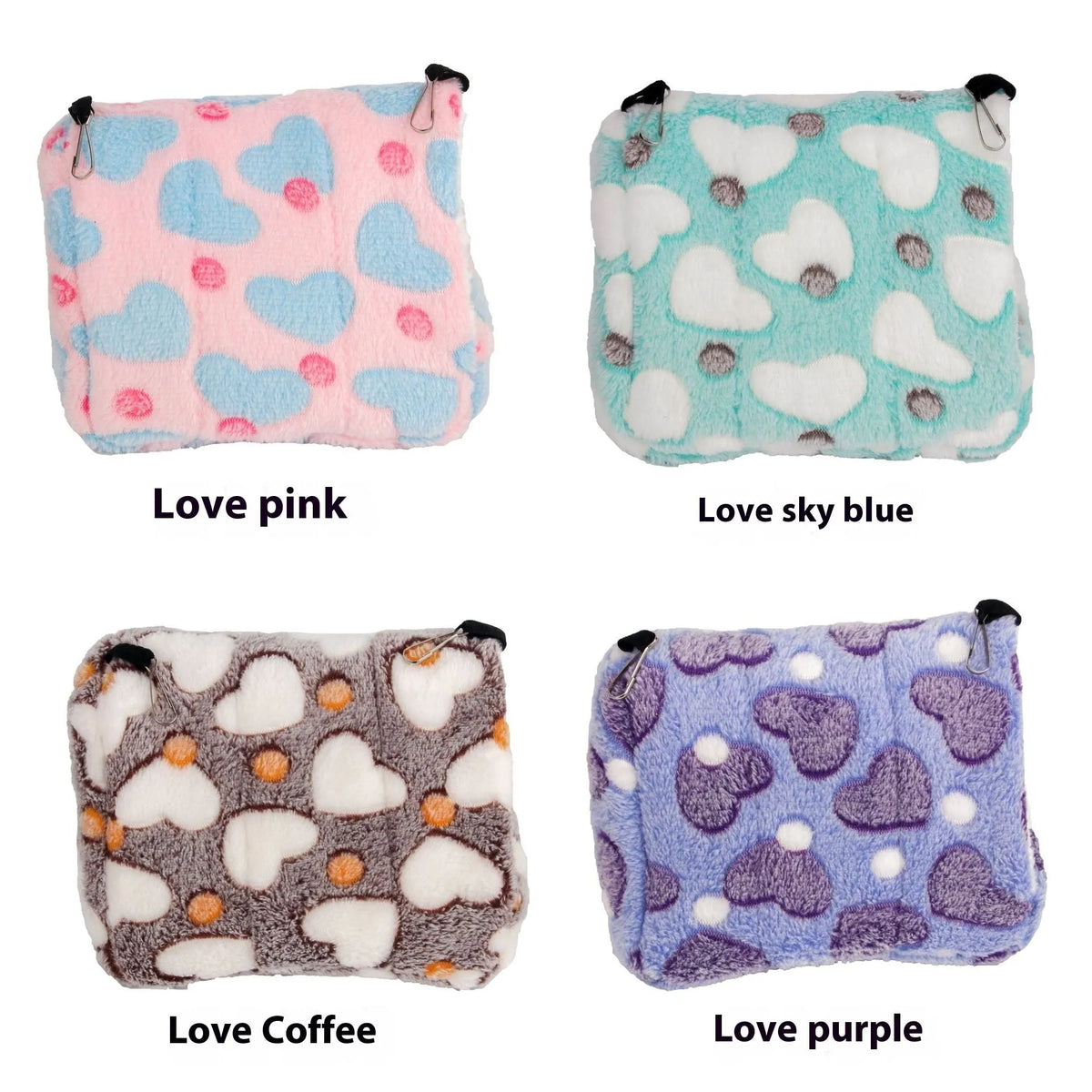 Flannel and cotton velvet pet nest for small animals, available in four sizes and colours including Love Coffee and Love Pink.