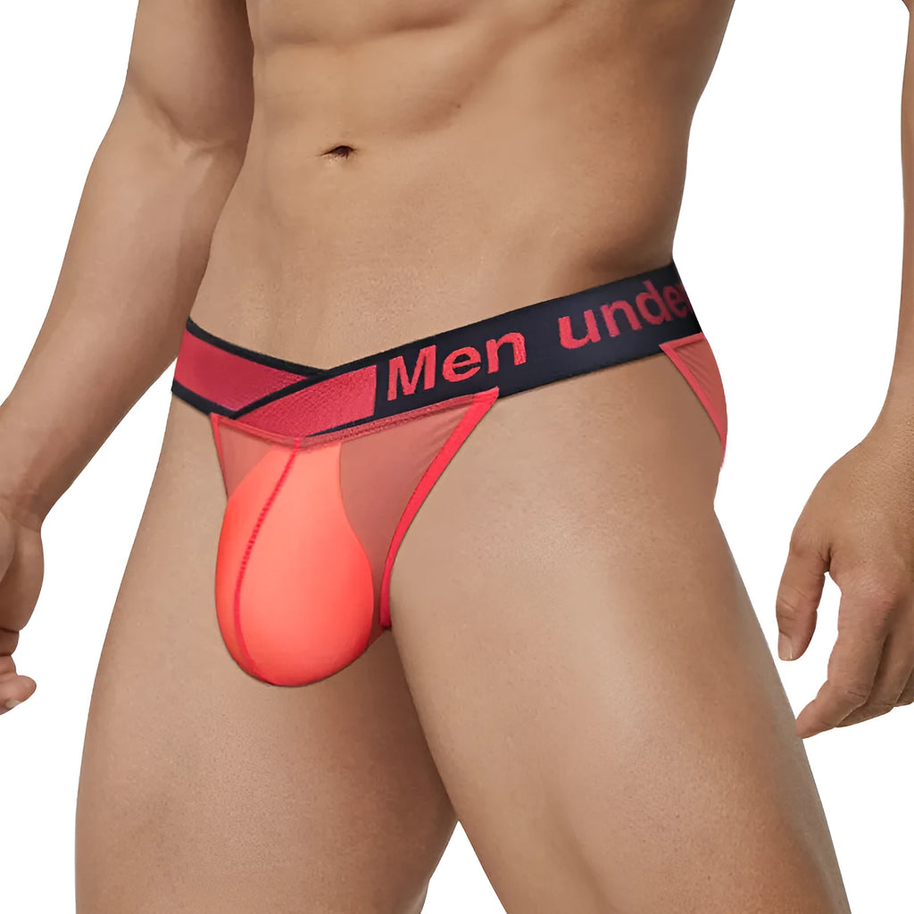 Men's red ice silk nylon briefs with a large V gradient design and high fork cut on a white background.