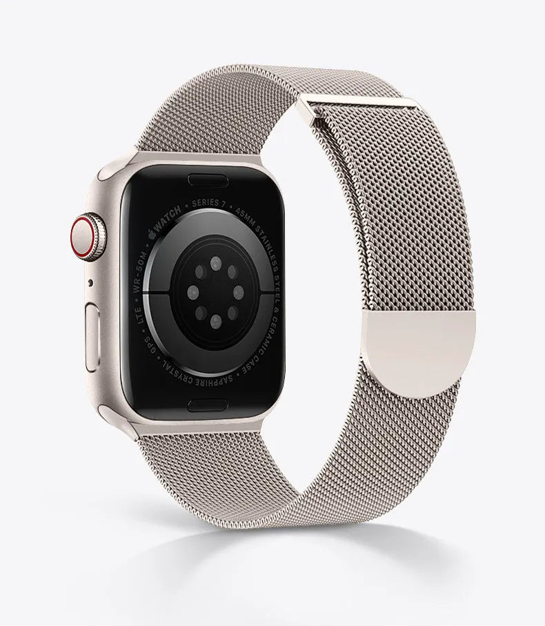 Stainless steel watch band for Apple Watch 1-8 SE Ultra in starlight colour on a wrist