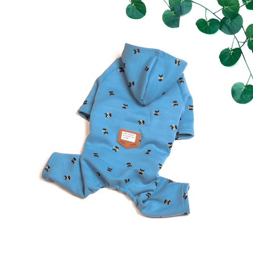 Blue velvet pet hoodie for dogs and cats, four-legged design, size XS to XXXL