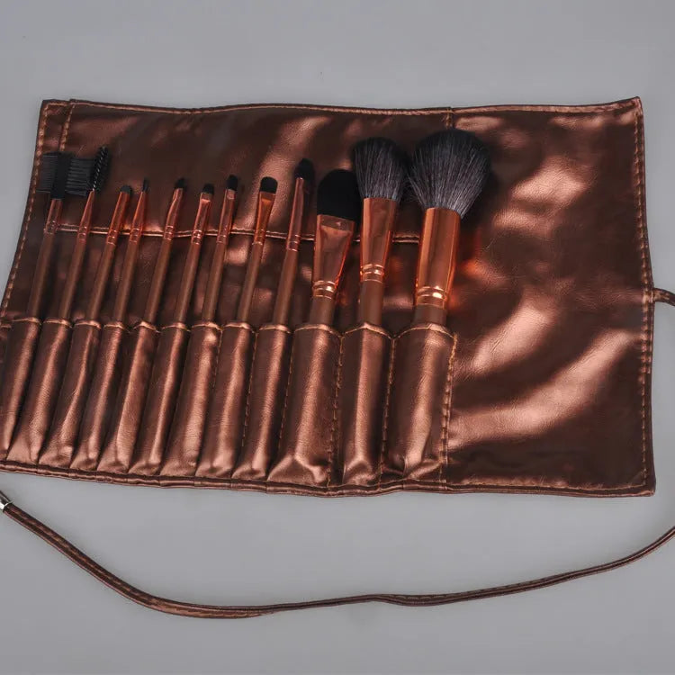 Multi-function makeup tool set with synthetic bristles and brown PU bag