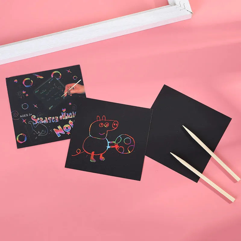 Colorful Trumpet Scratch Painting paper set in 8.8x8.8x2.5cm colour box with 100 sheets and 145g weight