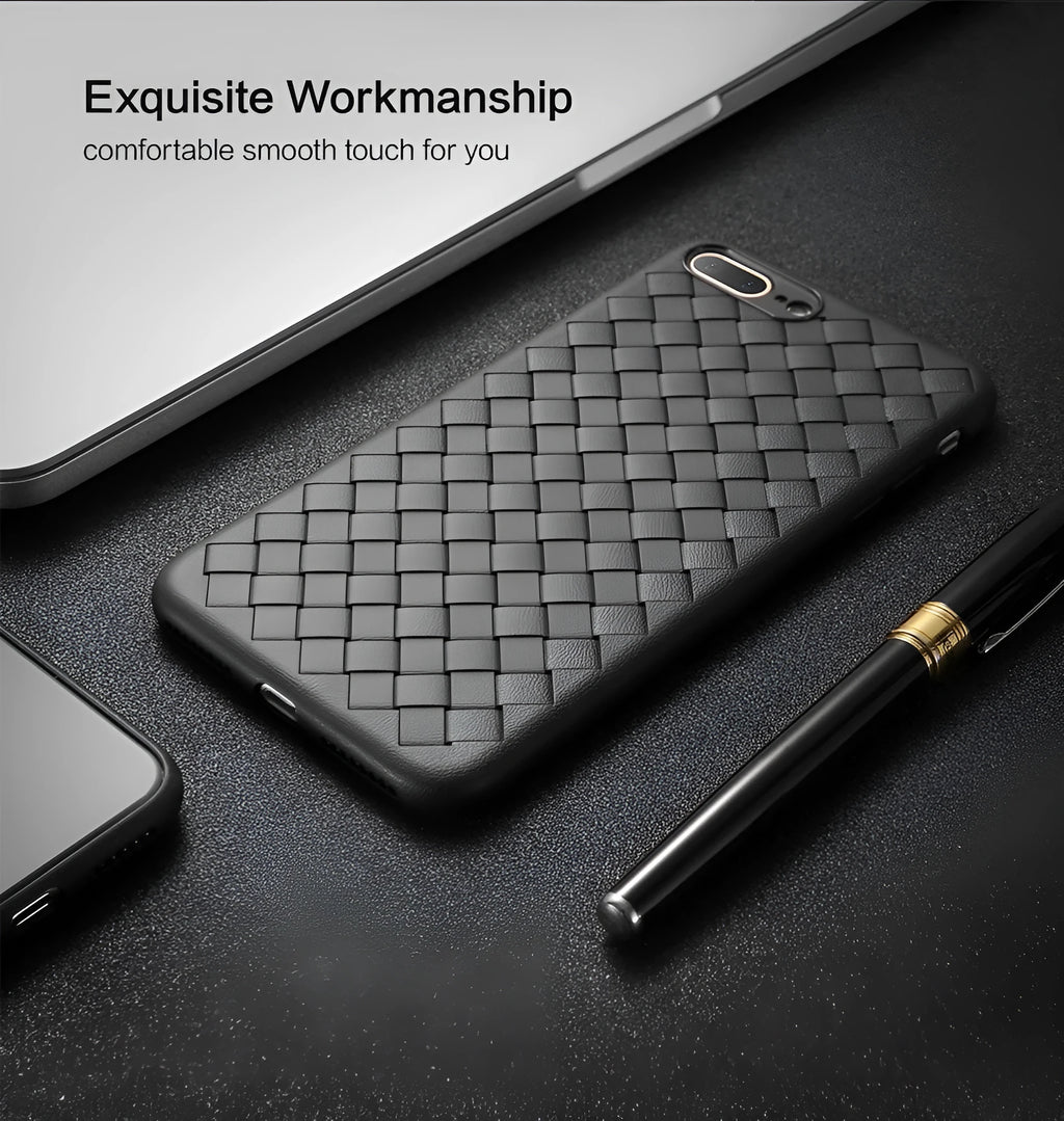 Luxury grid weave pattern iPhone case in multiple colours showing slim profile and protective raised edges.