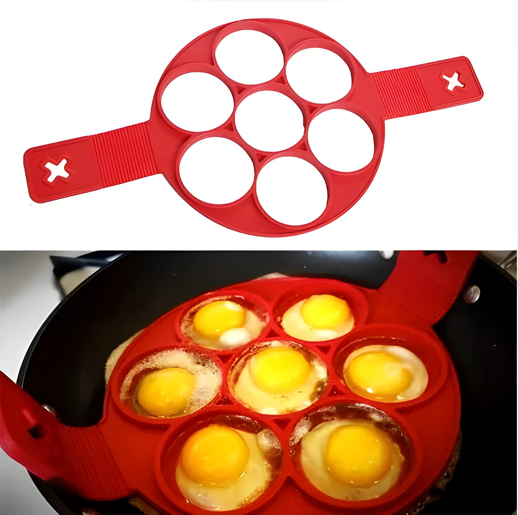 Red silicone egg mould set with heart, lace, round, square and 7-hole shapes on a white background
