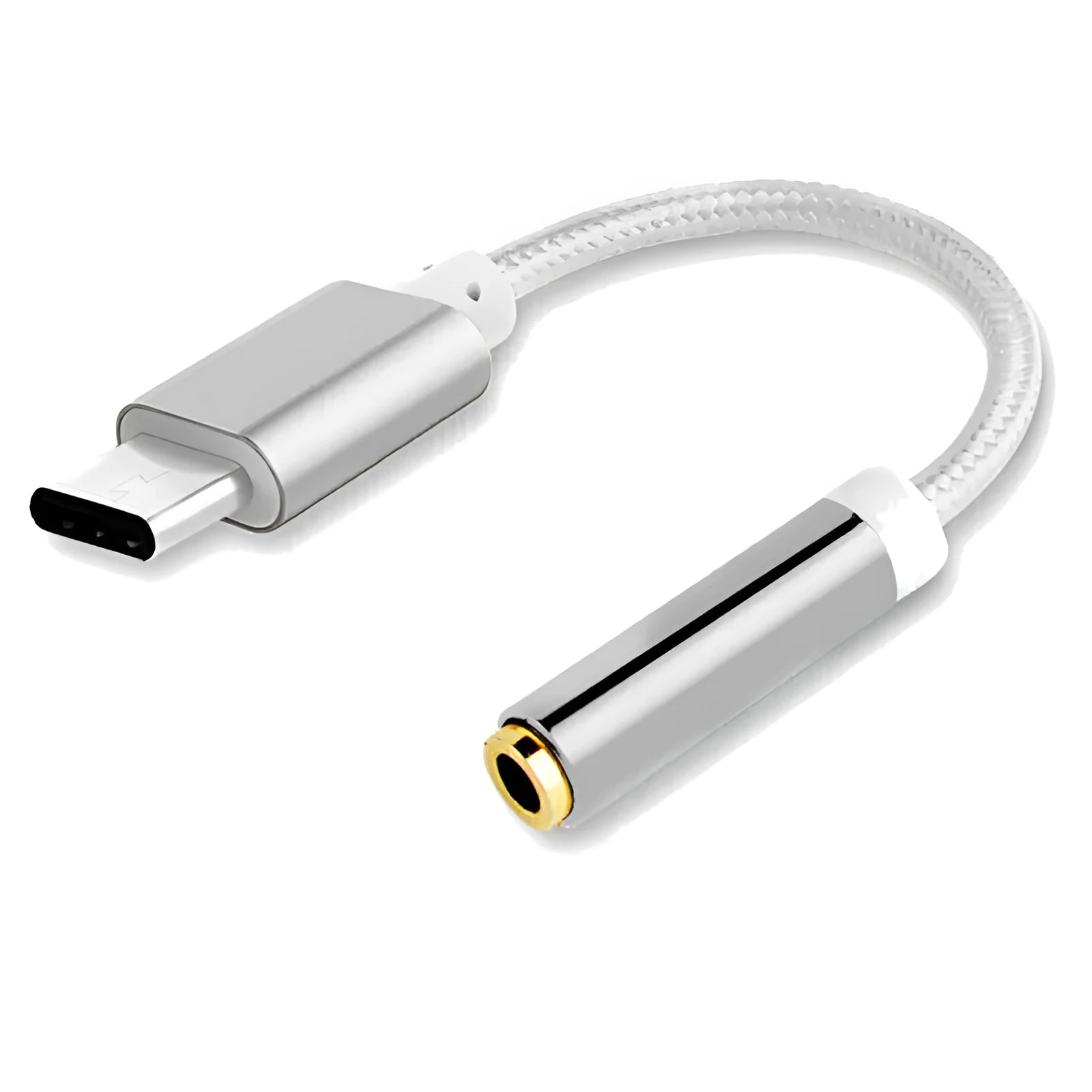 Type-C to 3.5mm female headphone adapter cable with nylon braid in four colour options.