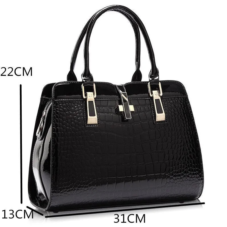 Women's crocodile pattern messenger tote bag in PU leather, available in rose red, beige, black, royal blue, wine red