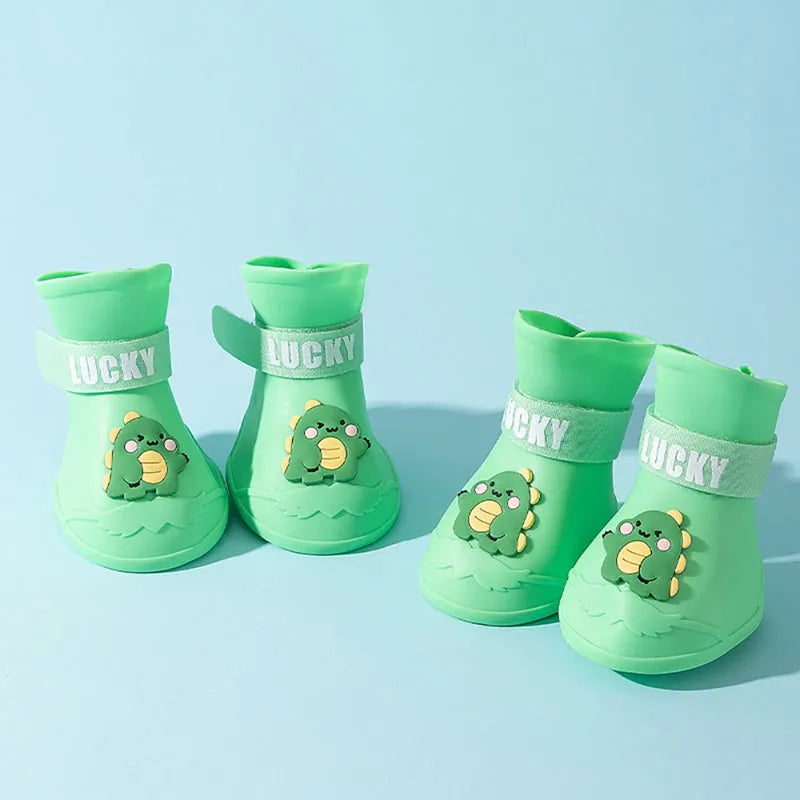 Waterproof anti-slip silicone pet rain boots, 4PCs, blue green pink yellow, sizes L to 5XL