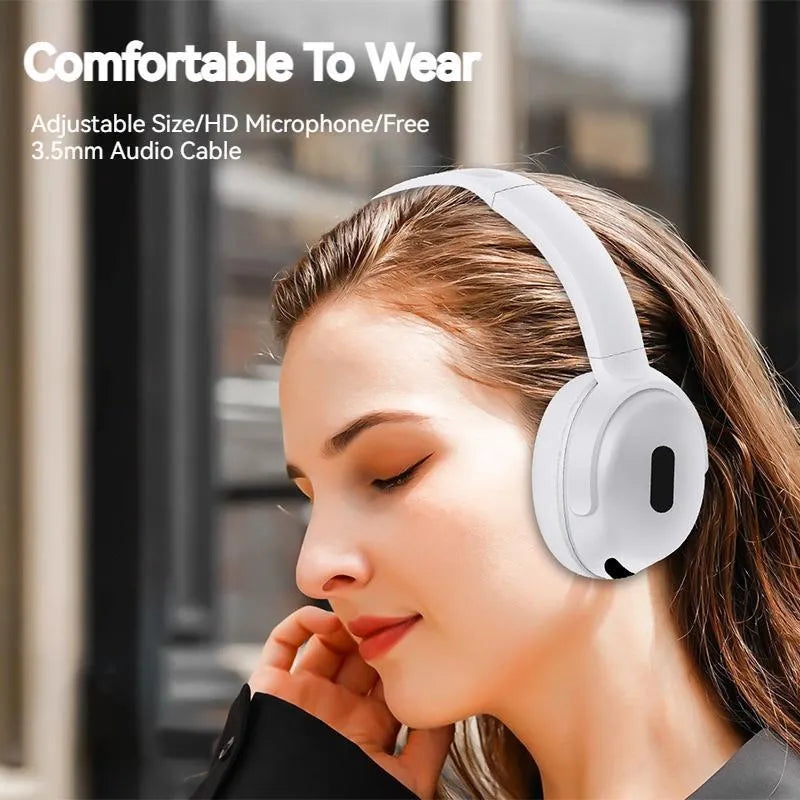 Foldable wireless Bluetooth headphones in black with over-ear design and folding hinge for travel storage