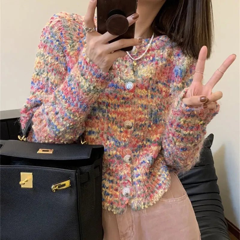 Retro rainbow knitted cardigan in pink and green ice cream colours, slim fit.