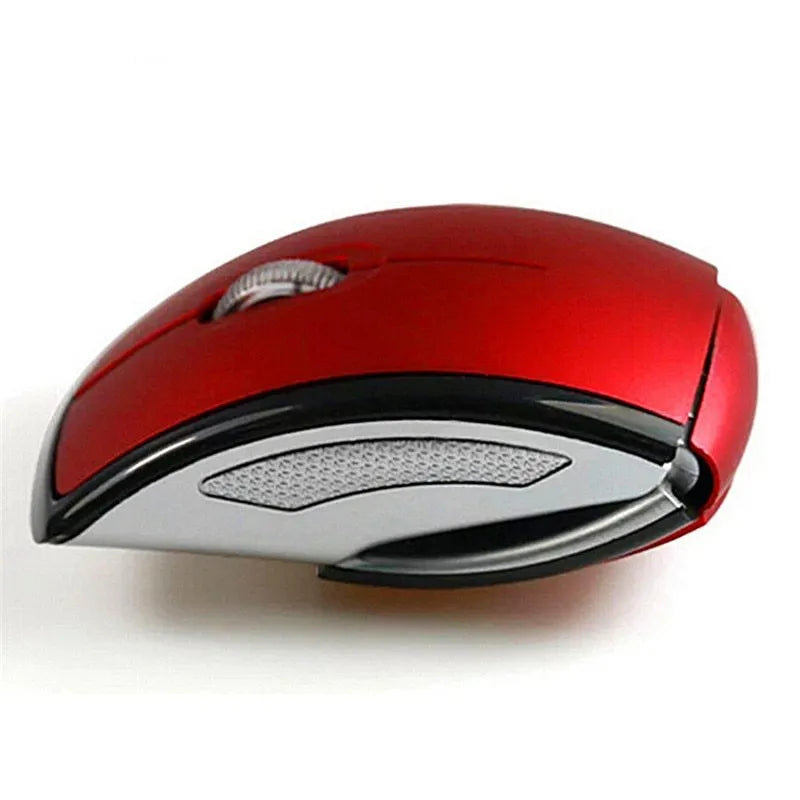 Wireless foldable mouse in black with compact design, 2.4GHz receiver, and 1600CPI optical sensor