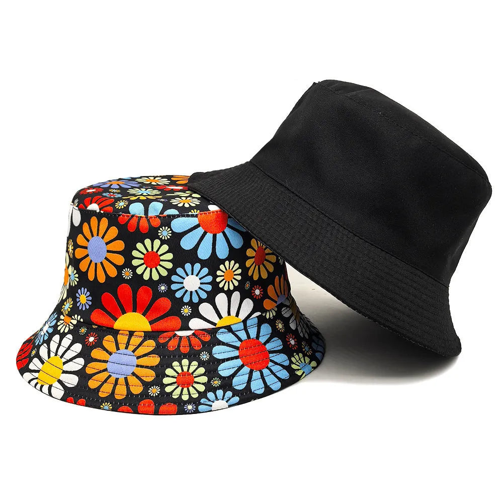 Colourful flower print polyester bucket hat with a dome crown, shown in size M.