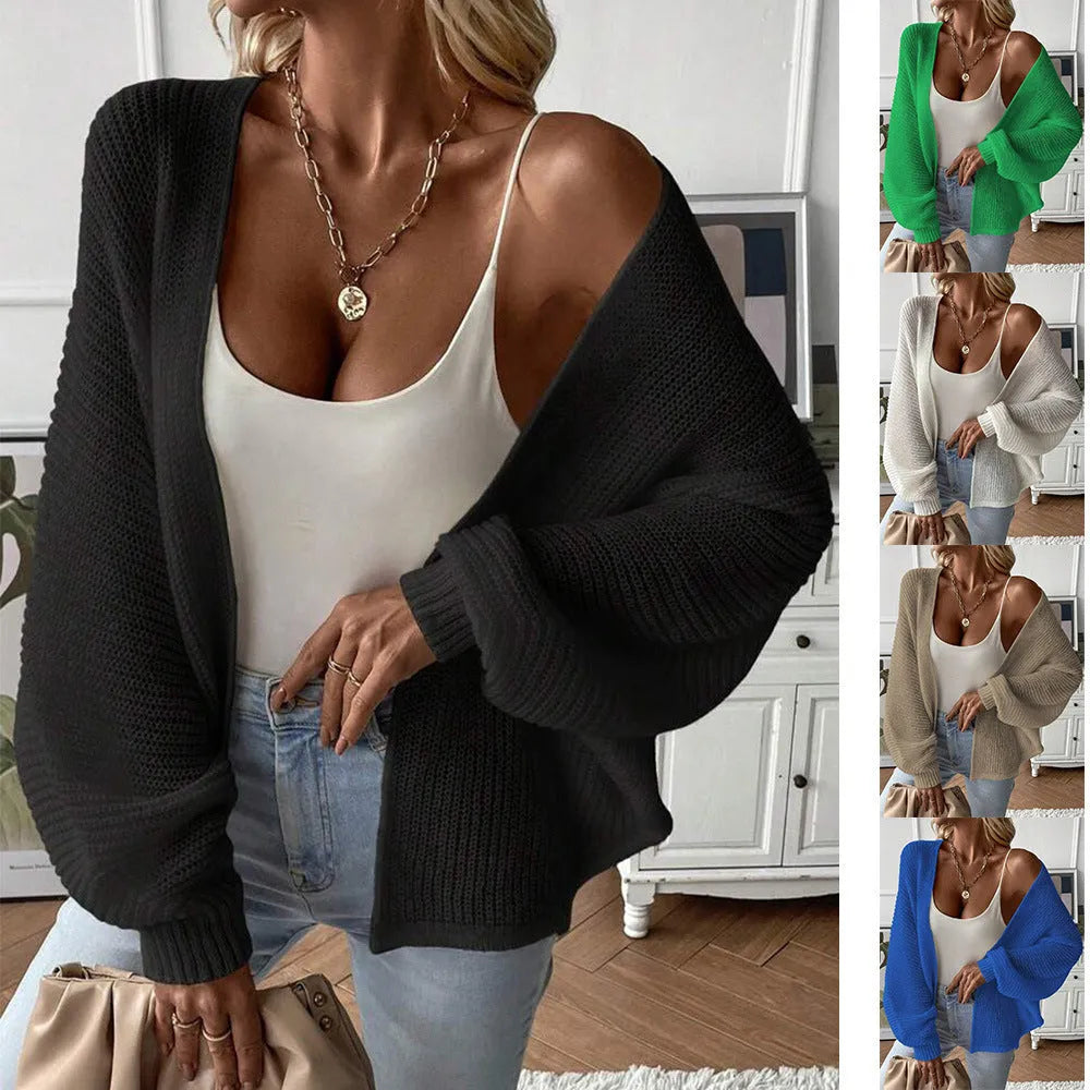 Batwing sleeve cardigan in thin polyester fabric shown in loose fit with solid colour options