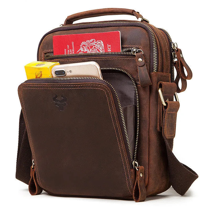 Men's brown crazy horse leather single-shoulder crossbody bag with sewing line detailing